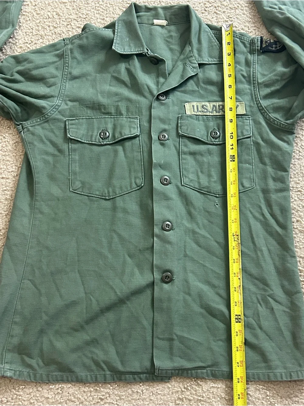 Vintage 1972 OD OG-107 Utility Button Up Sateen Shirt Size 15 1/2 X 35 US Army